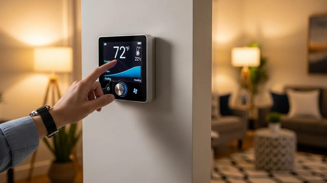 Hand adjusting a digital thermostat in a cozy home setting