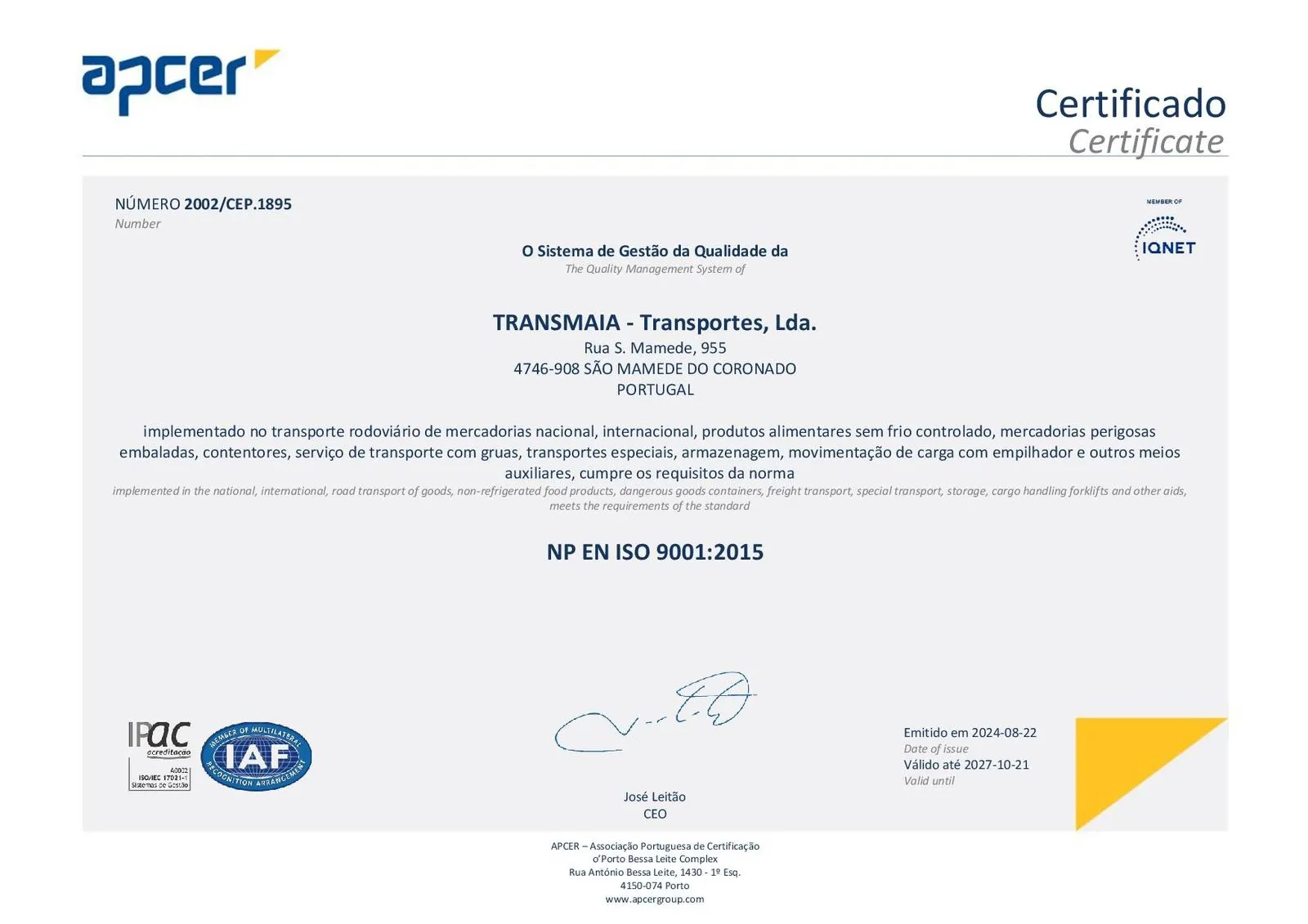 Certificado ISO 9001 emitido pela APCER