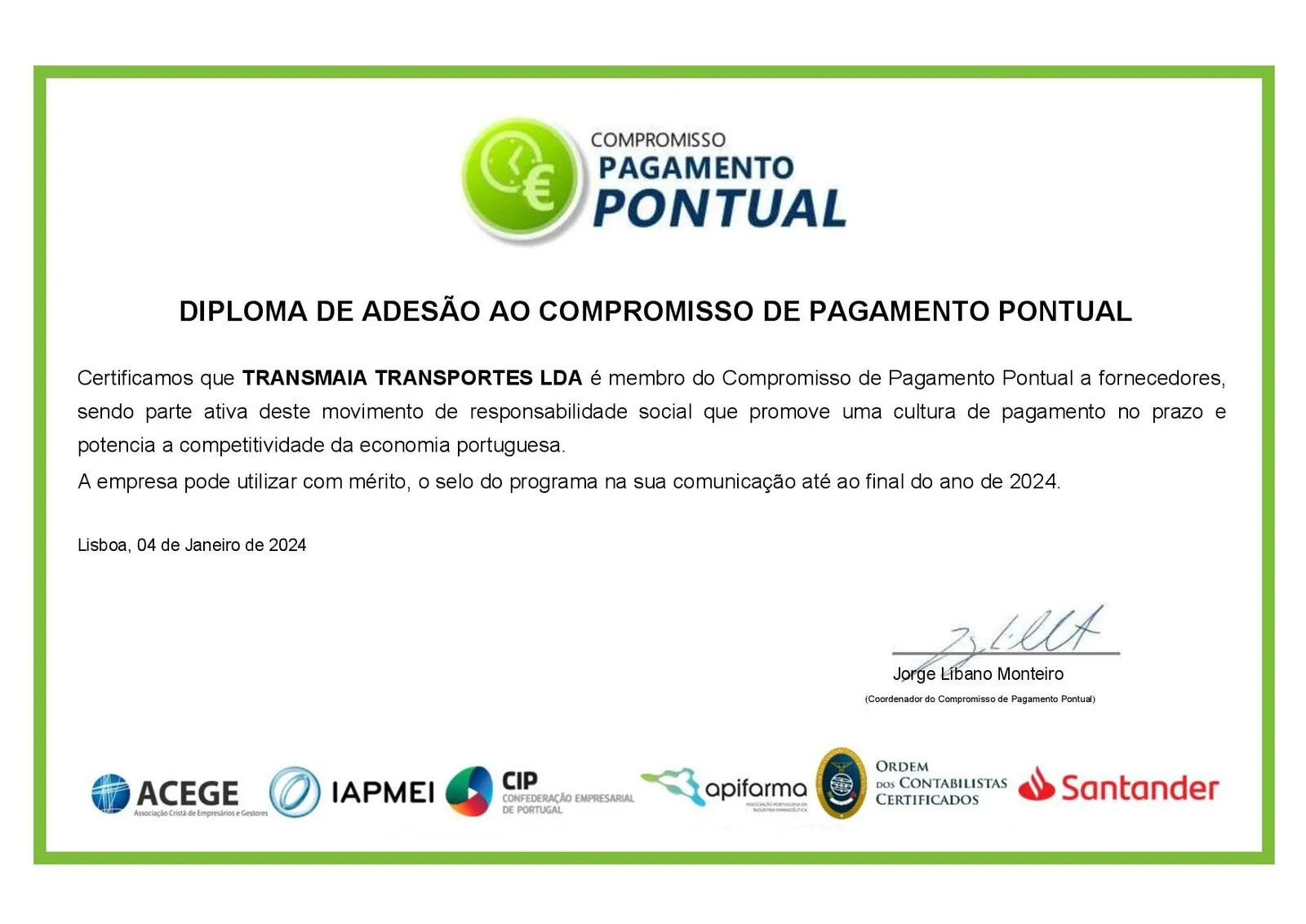 Diploma de adesão ao compromisso Pagamento Pontual