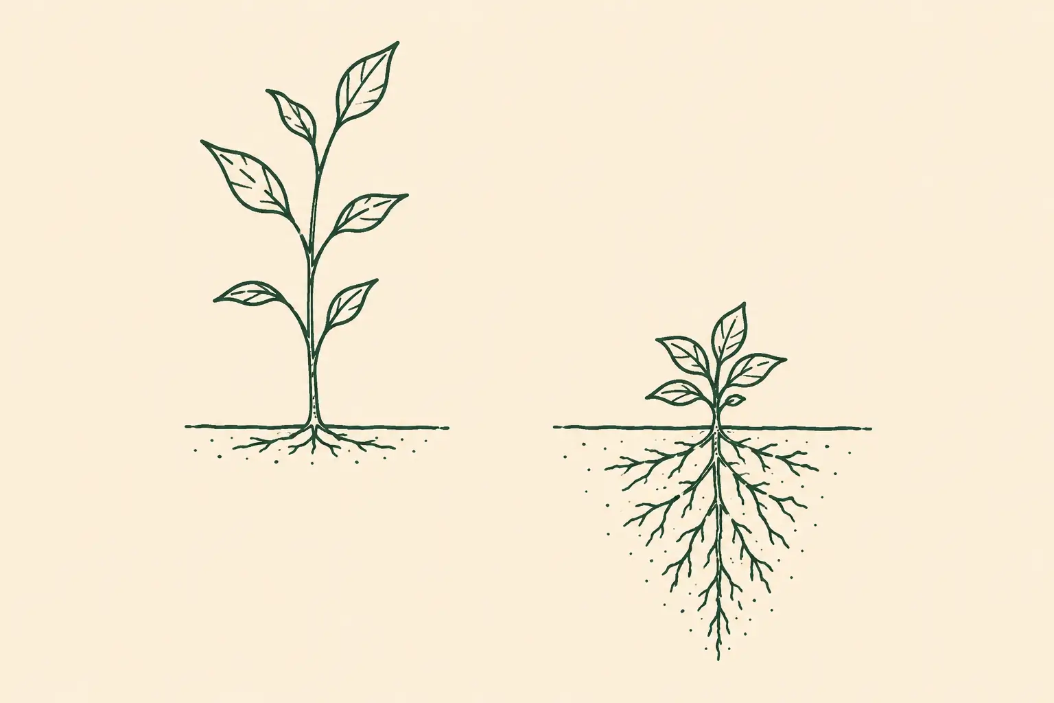 A weed with shallow roots versus a plant that is growing slower but has strong roots.