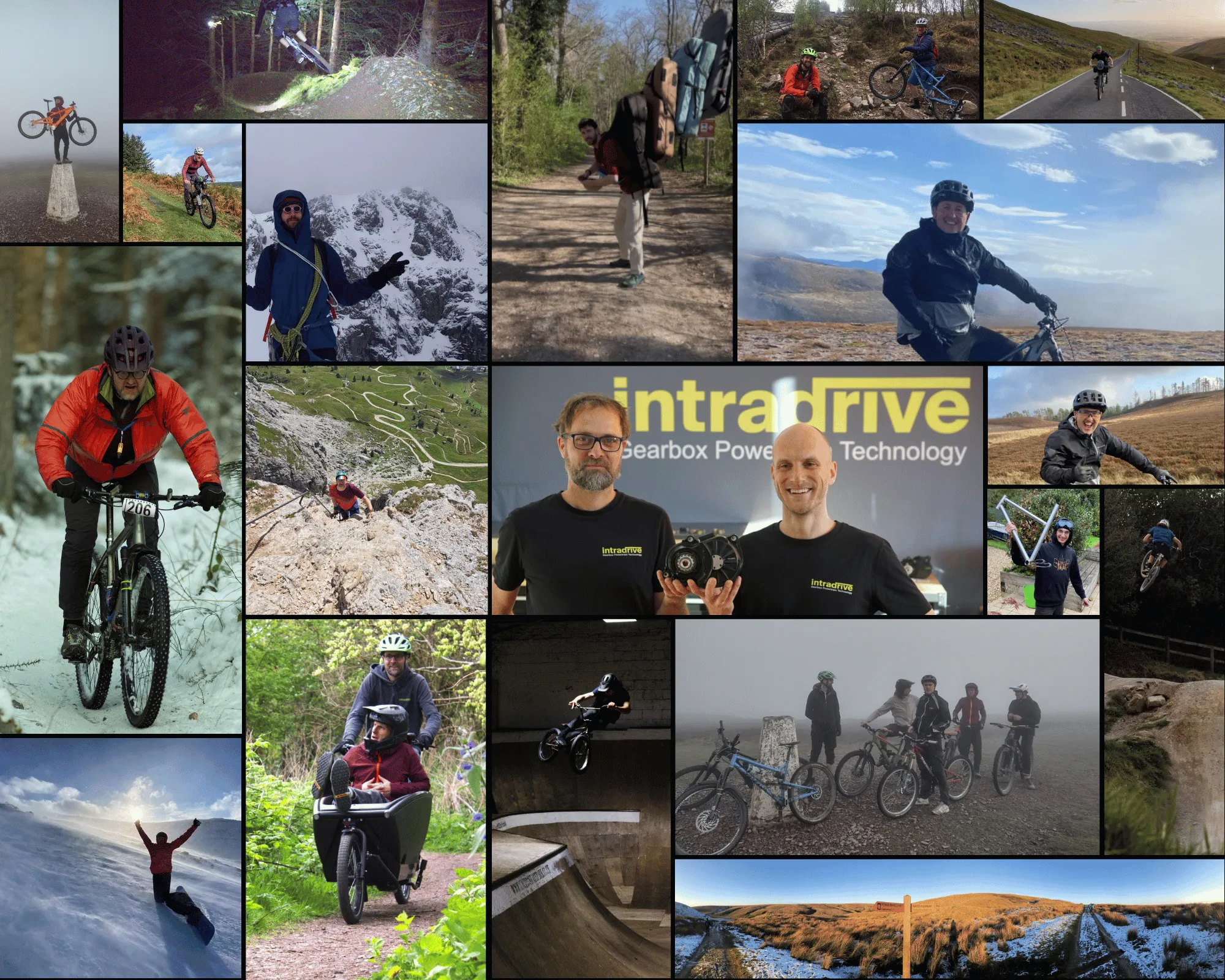 Collage of the Intradrive team riding, testing and building the GD8