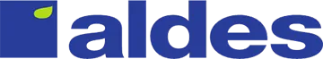 Aldes company logo featuring a blue text design with a green leaf icon.
