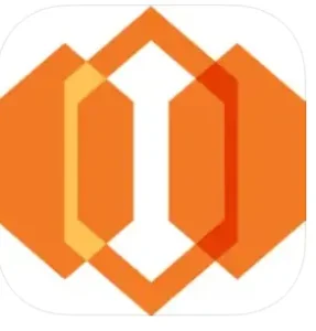 Orange geometric logo with hexagonal shapes and stylized central letter
