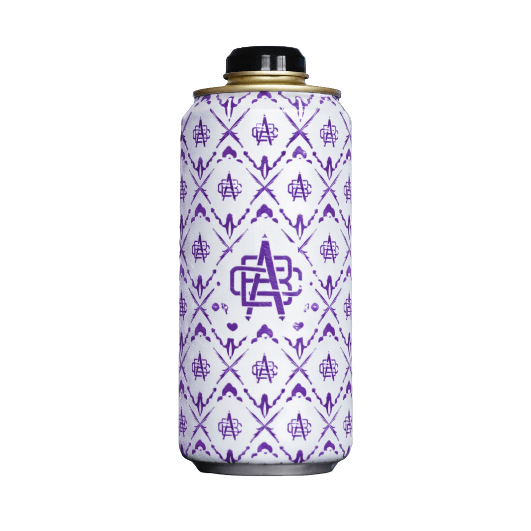 White aluminum can with repeating purple abstract logo pattern and a black twist-off cap on top.