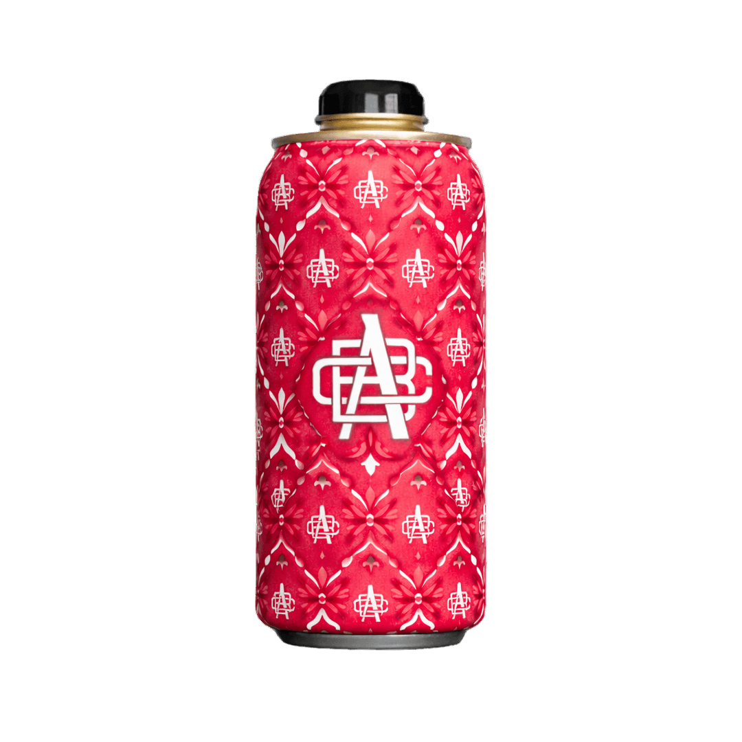 Red can cooler sleeve with white floral pattern and central logo featuring intertwined letters A, B, and R.