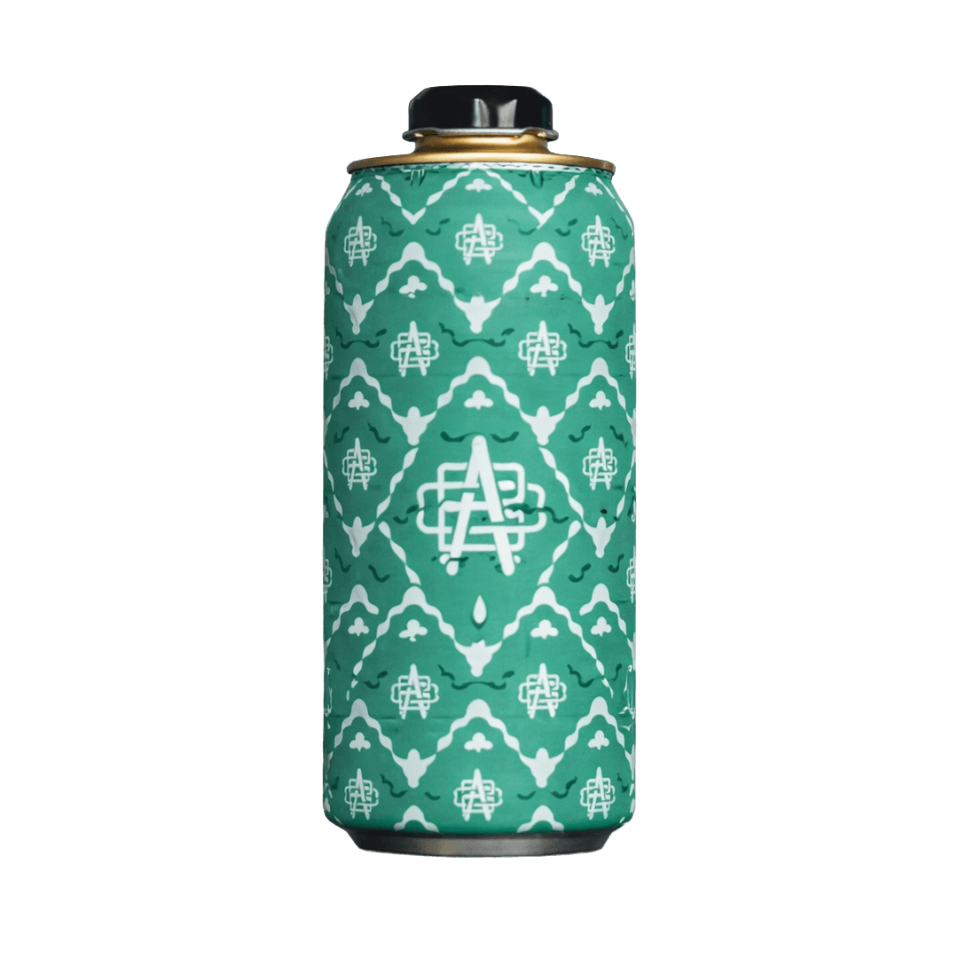Tall green aluminum can with a repeating white stylized 'A' pattern and a black screw-top lid.
