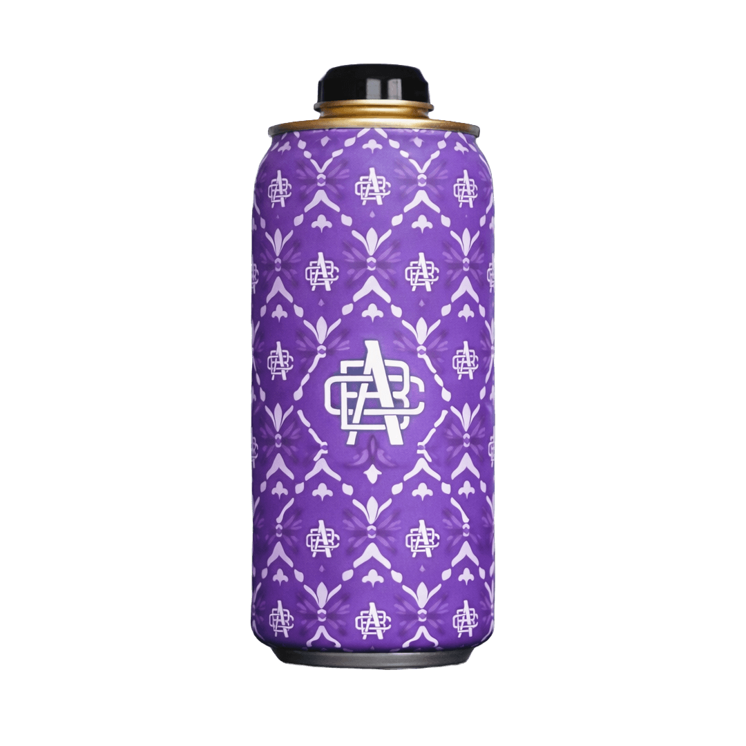 Tall purple can with a golden rim and black cap, decorated with a white geometric floral pattern and a central AA logo.