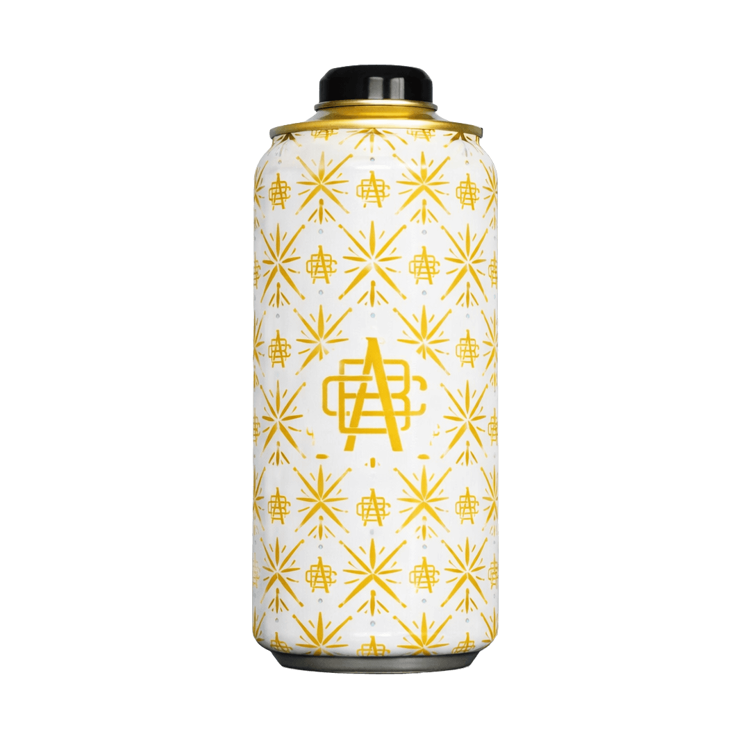 White insulated water bottle with yellow starburst pattern and central logo, featuring a black cap.