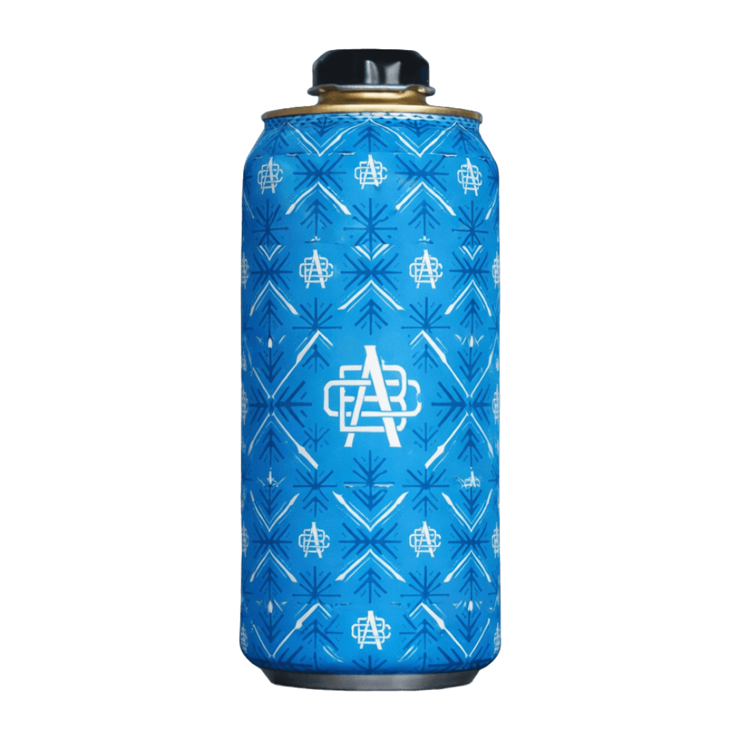 Blue can with a geometric pattern and stylized white logo featuring the letters A and B intertwined, capped with a black twist cap.