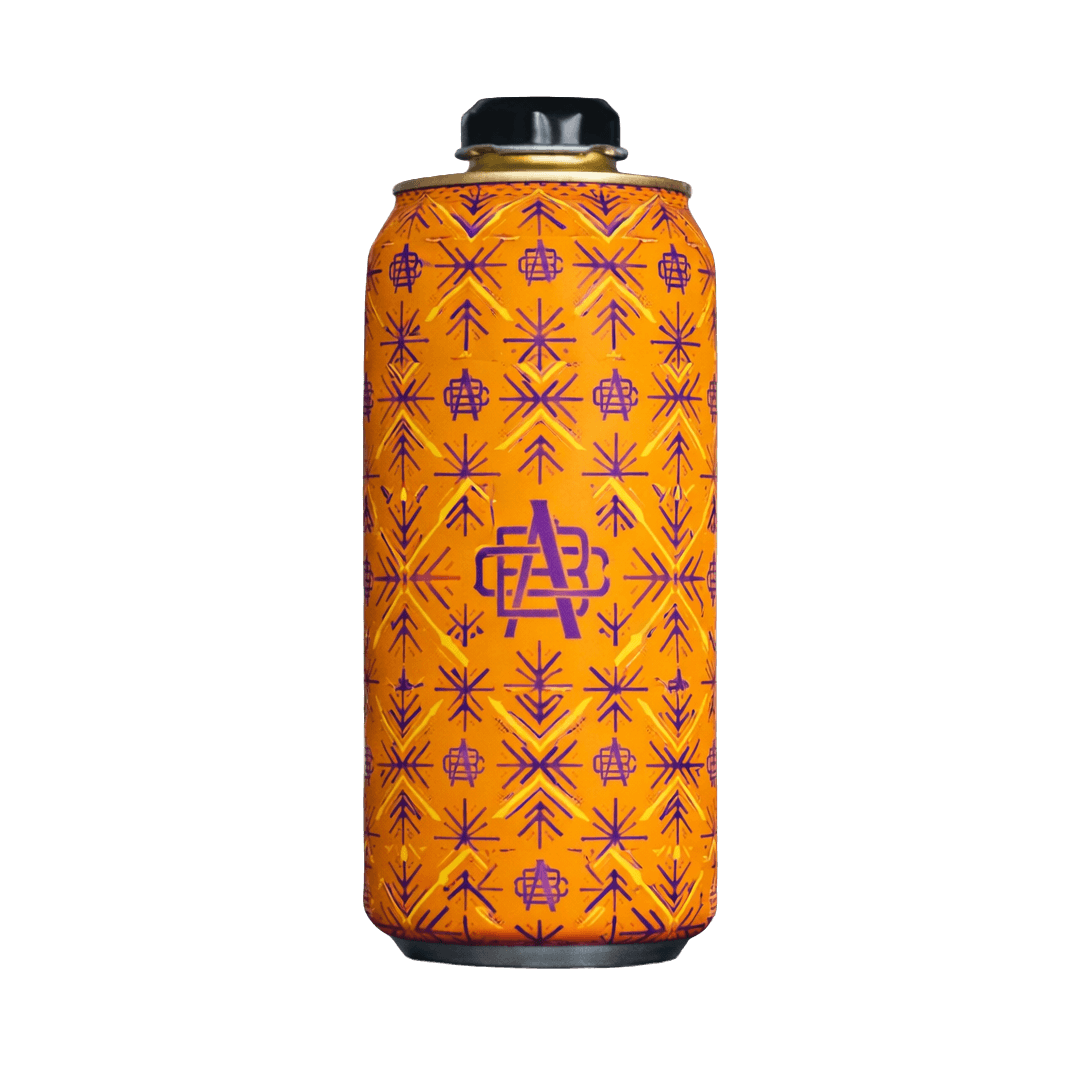 Orange can cooler with purple geometric patterns and a central purple logo, topped with a black cap.