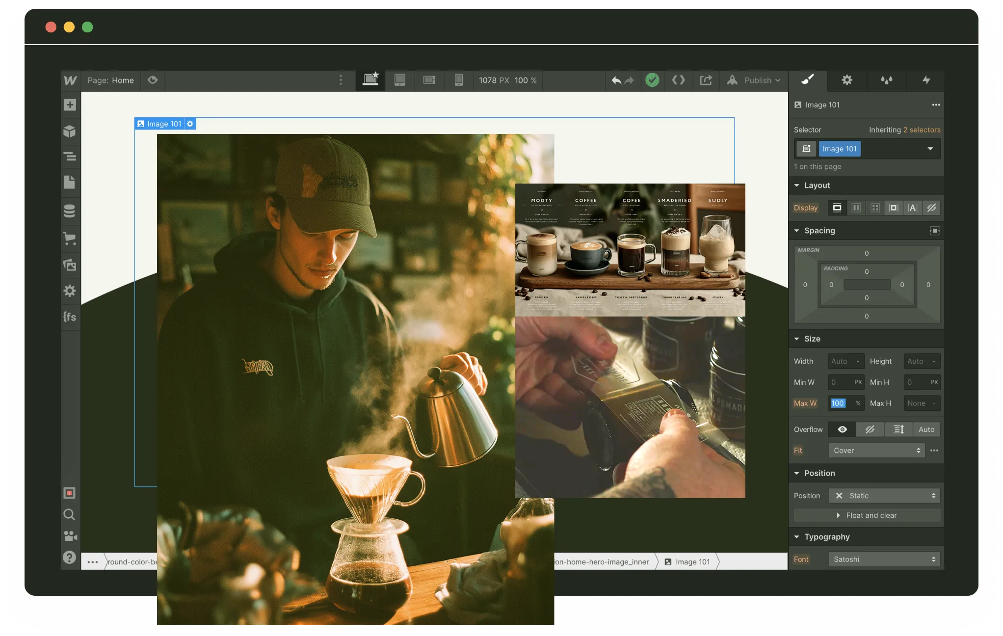 Hero image with a coffee business owner brewing coffee using a V60 method. O the left side are labels and website sample services.