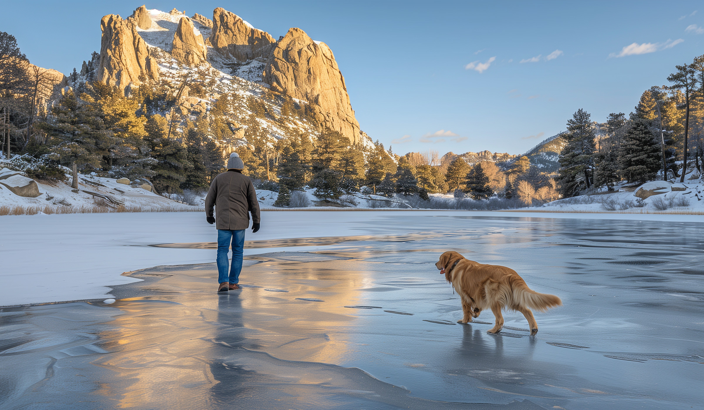 North Winds Pets Plus Food branding image with a dog and a man walking up north