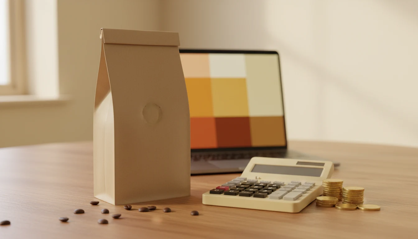 Kraft coffee bag beside a calculator and stack of coins