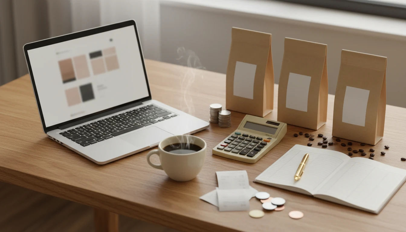 Coffee roaster's planning desk with laptop, kraft coffee bags, calculator and notebook