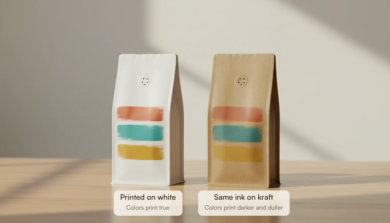 Same colored print on a white coffee bag and a kraft bag, showing colors printing darker and duller on kraft