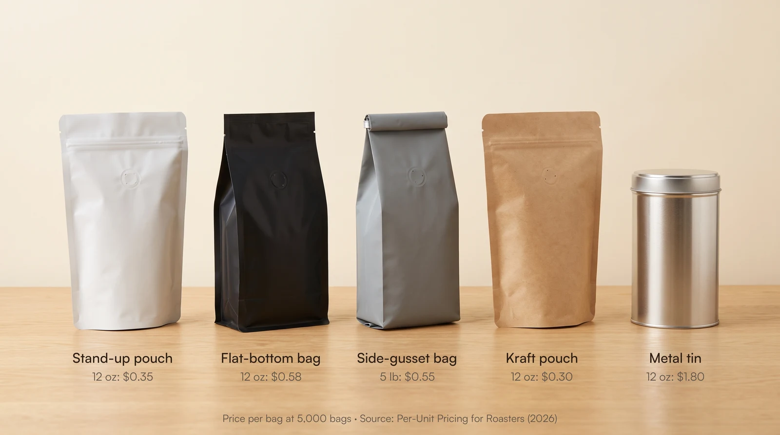 Five coffee packaging formats in a row: stand-up pouch, flat-bottom bag, side-gusset bag, kraft pouch and metal tin, with price per bag at 5,000 units