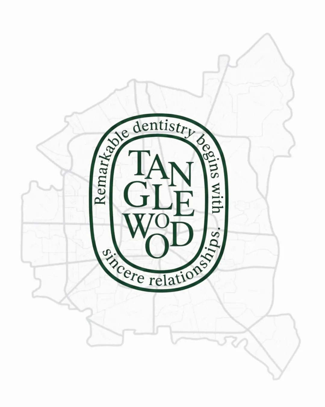 Tanglewood Dental Associates seal logo over a line map of the Tanglewood neighborhood, Houston