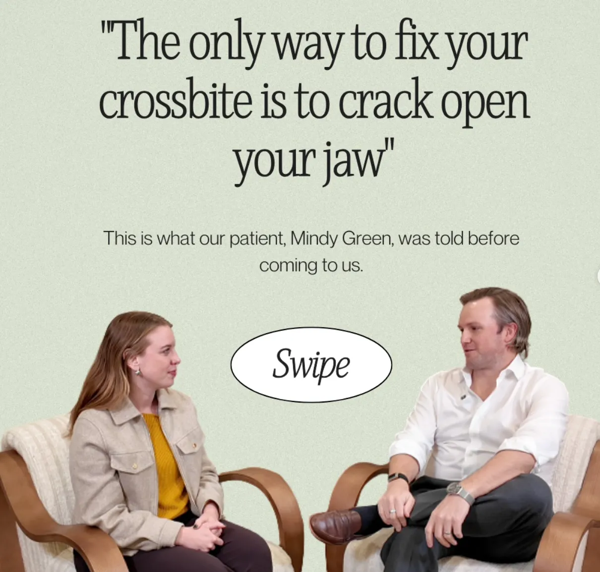 Social post of Mindy Green and Dr. Reynolds Lawnin, quoting what she was told about fixing her crossbite