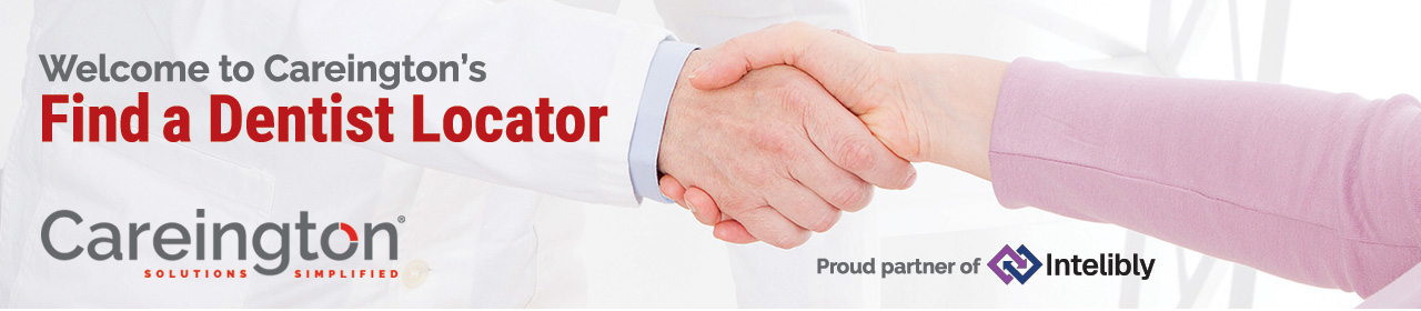 Hands shaking over Careington Find a Dentist Locator banner with partner Intellibly logos.