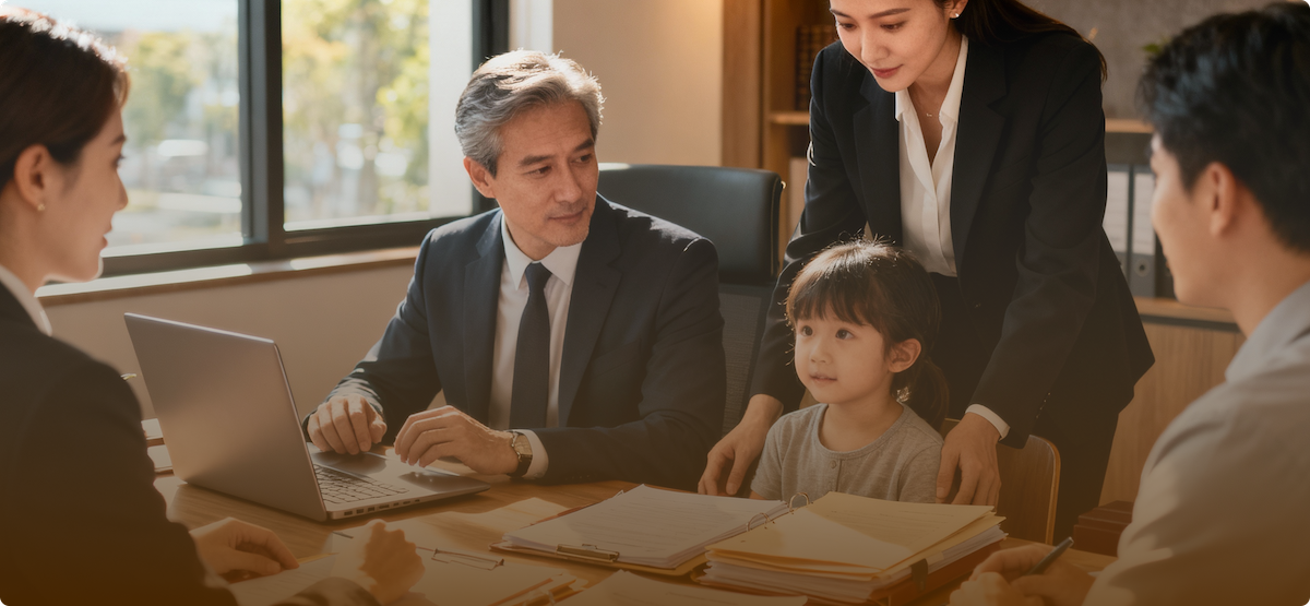 A young girl sitting at a desk surrounded by professionally dressed adults in a bright office setting.