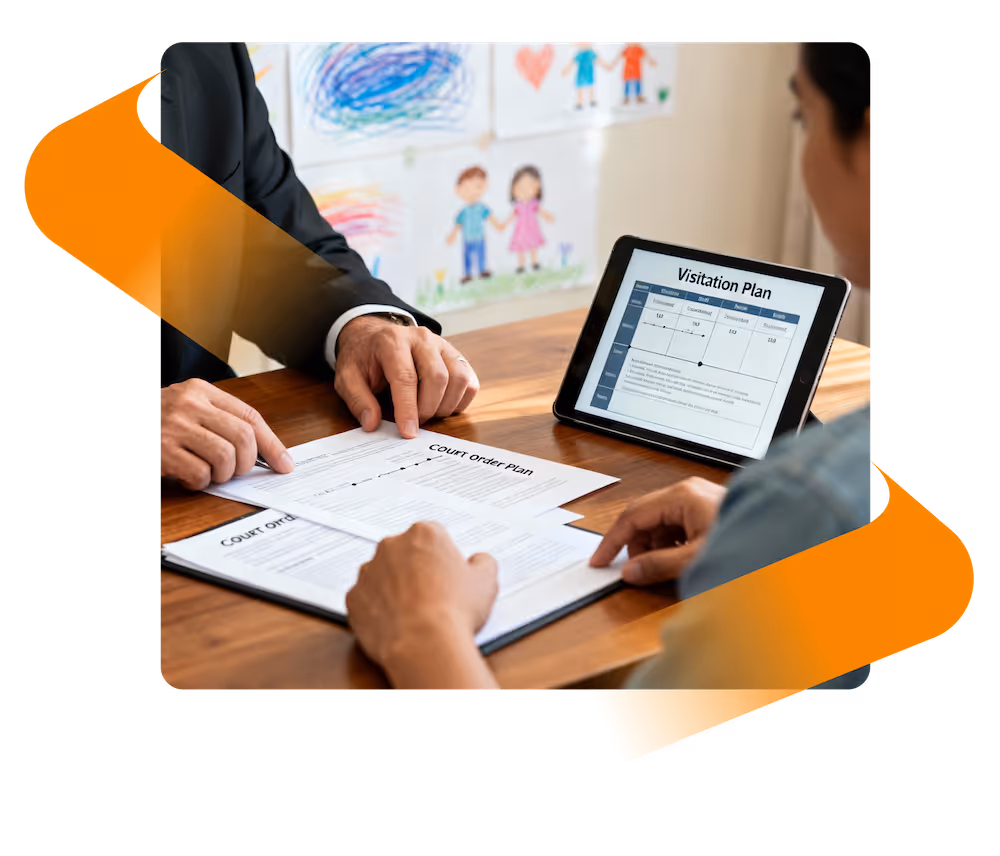 Two people reviewing legal documents on a wooden table, with a tablet displaying a visitation plan and children's drawings on the wall.