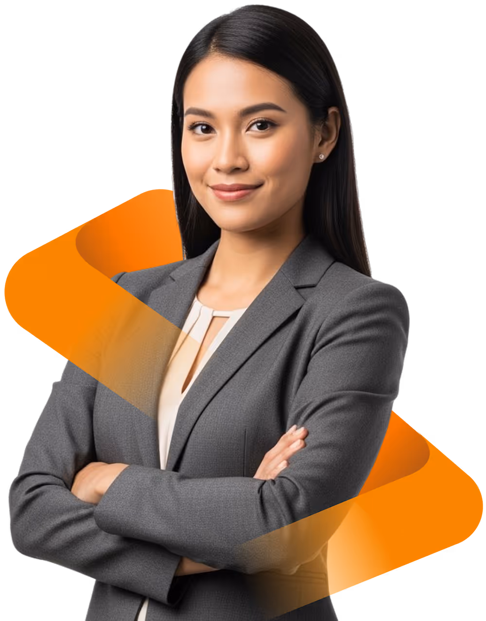 Confident woman with long dark hair wearing a gray blazer and cream blouse with arms crossed.
