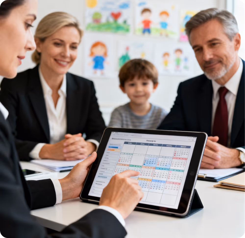 Professional reviewing a calendar on a tablet with two adults and a child sitting at a table in an office.