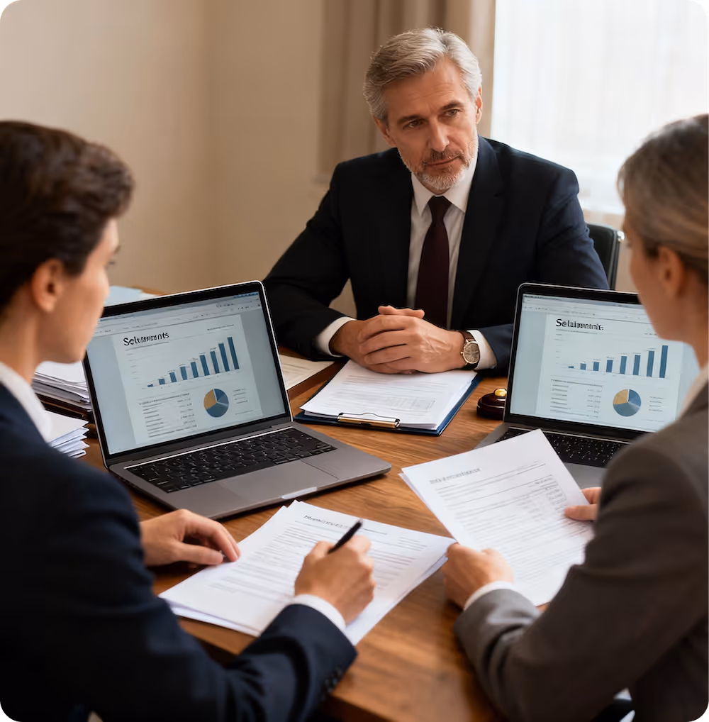 Three professionals in a meeting reviewing settlement documents with charts displayed on two laptops.
