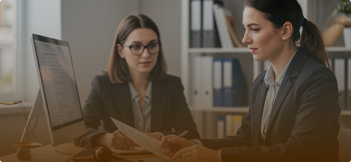 Two professional women in business attire reviewing documents in an office with a computer and legal scales.
