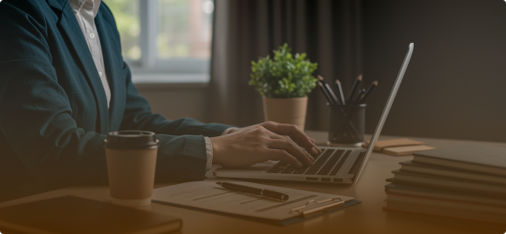Person in business attire typing on a laptop at a desk with coffee cup, documents, and books in a softly lit office.