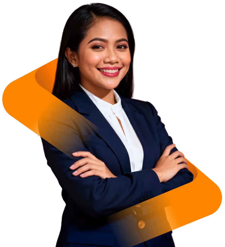 Confident woman in a navy blazer and white blouse smiling with arms crossed.