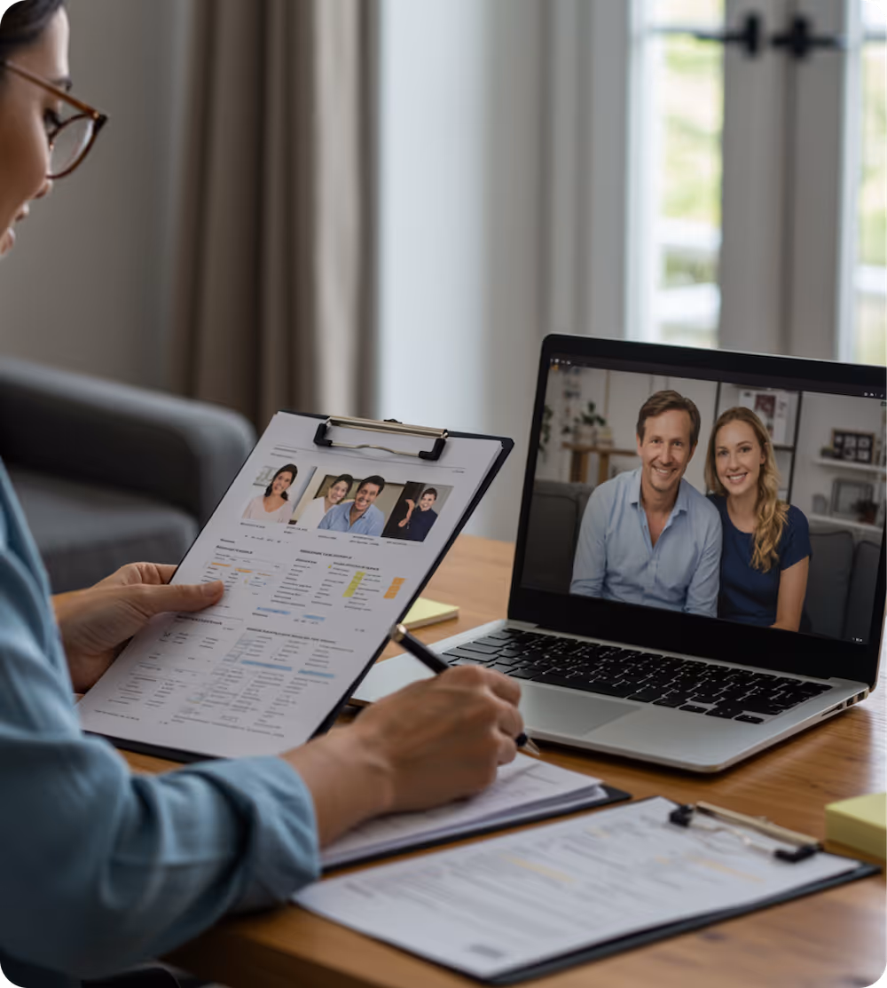 Woman with glasses writing on a clipboard during a video call with a smiling couple on a laptop screen.