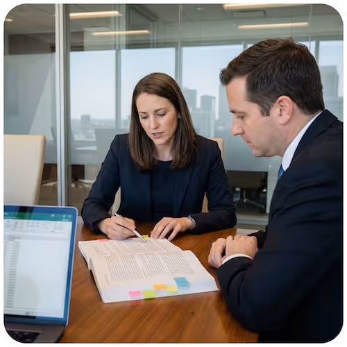 Two business professionals reviewing documents together at a conference table in an office.