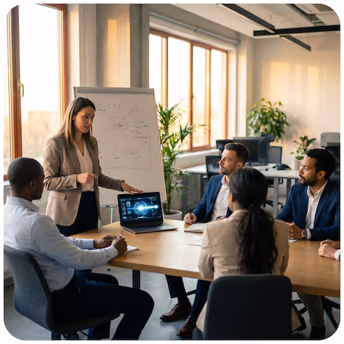 Businesswoman presenting data on a laptop to a group of four colleagues seated around a conference table in a modern office.