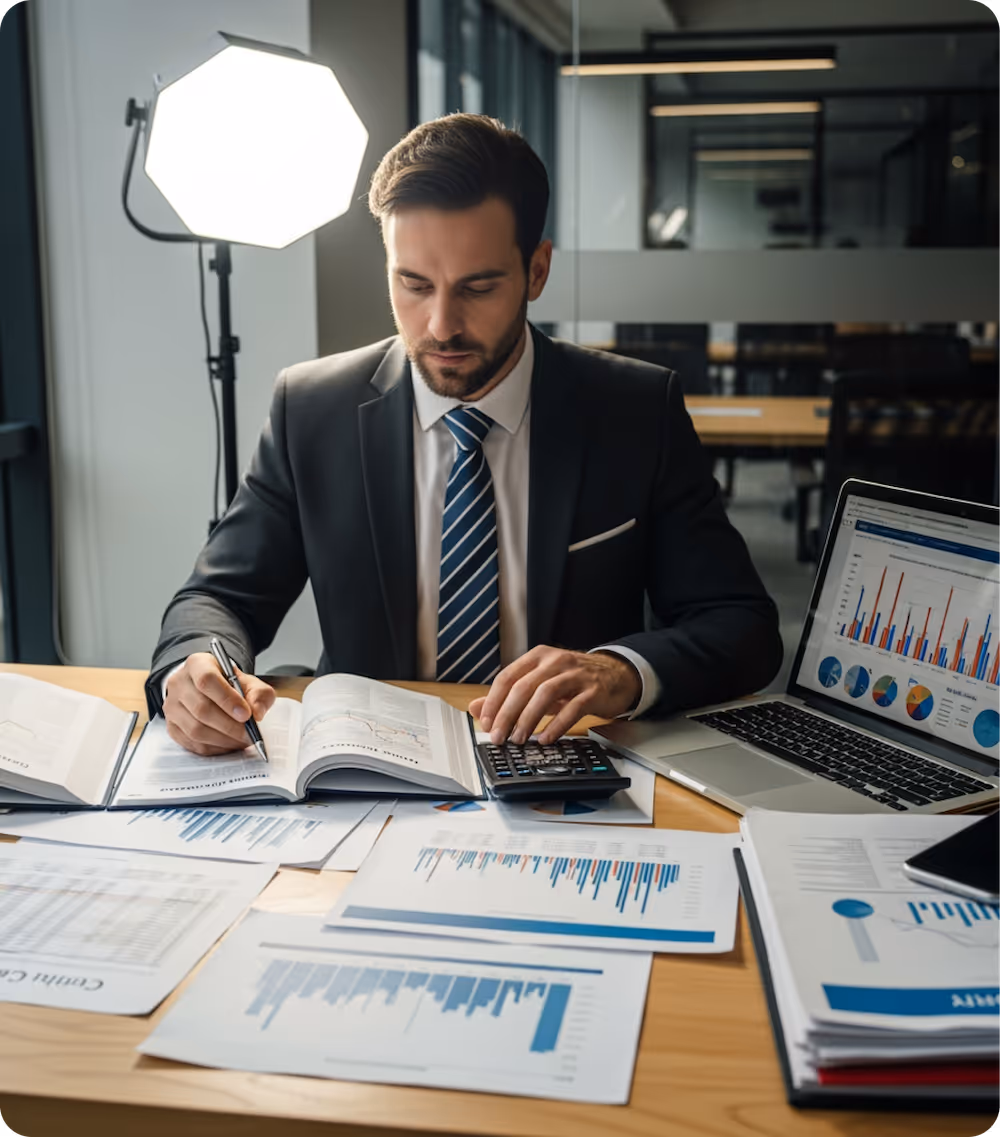 Businessman in suit using a calculator and reviewing financial charts and reports at a desk with a laptop displaying graphs.