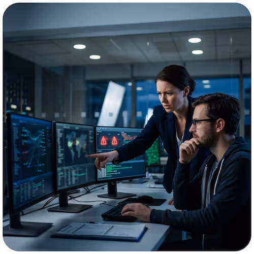 Two cybersecurity professionals examining threat alerts on multiple computer monitors in a modern office.