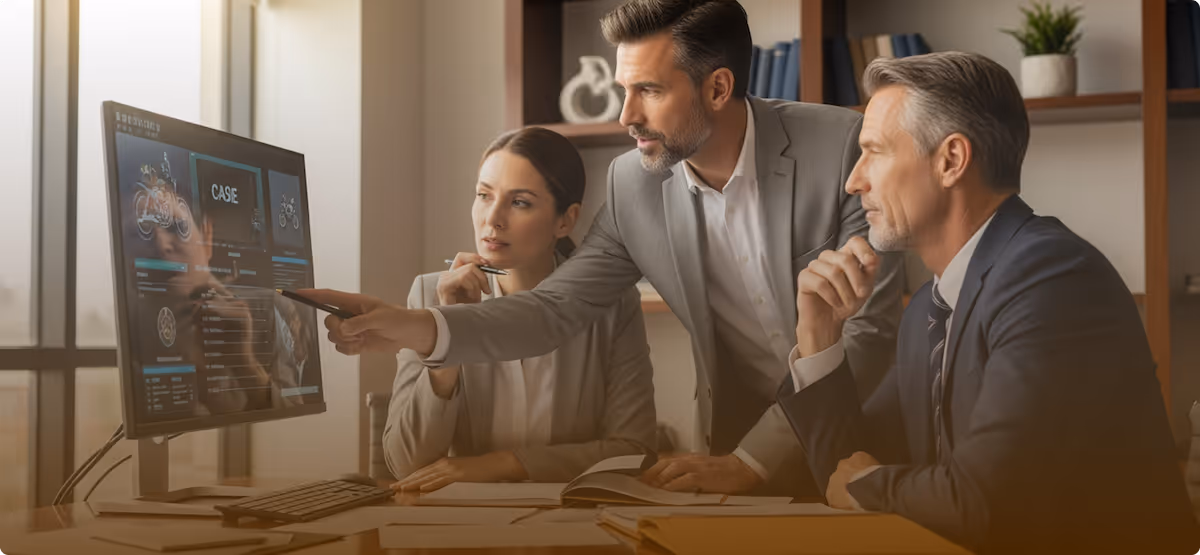 Three business professionals reviewing case details displayed on a desktop monitor in an office setting.