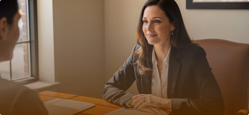 Woman in business attire attentively listening during a professional meeting in an office.