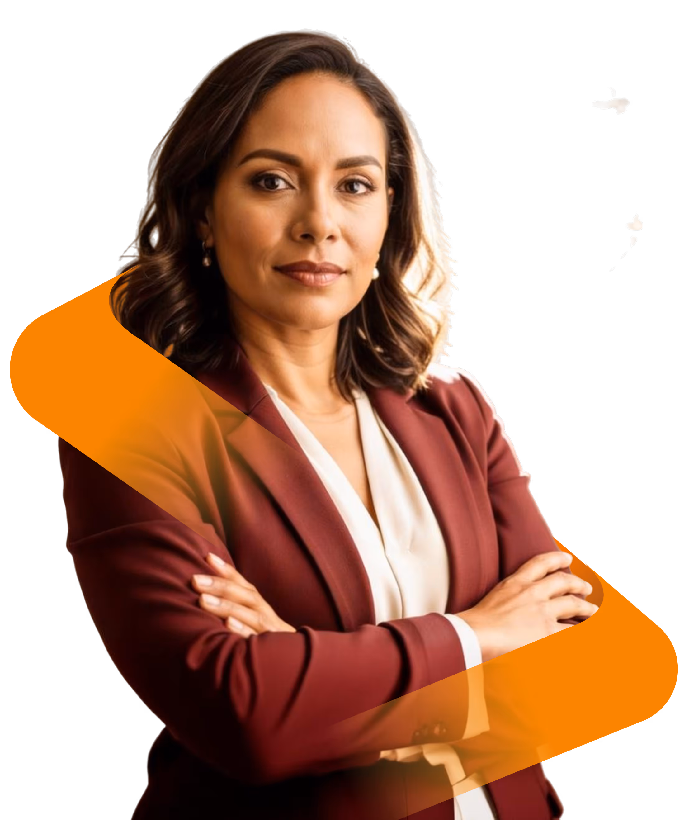 Confident professional woman with crossed arms wearing a burgundy blazer and white blouse.