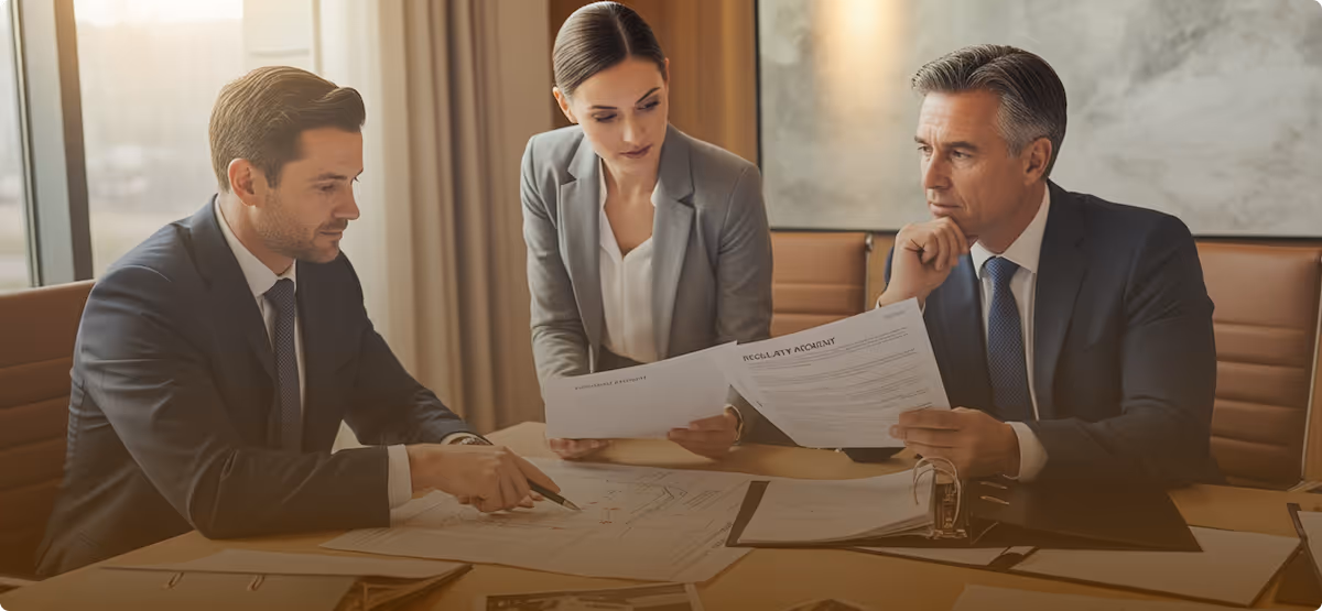 Three professionals in business attire discussing documents and blueprints at a conference table in an office.
