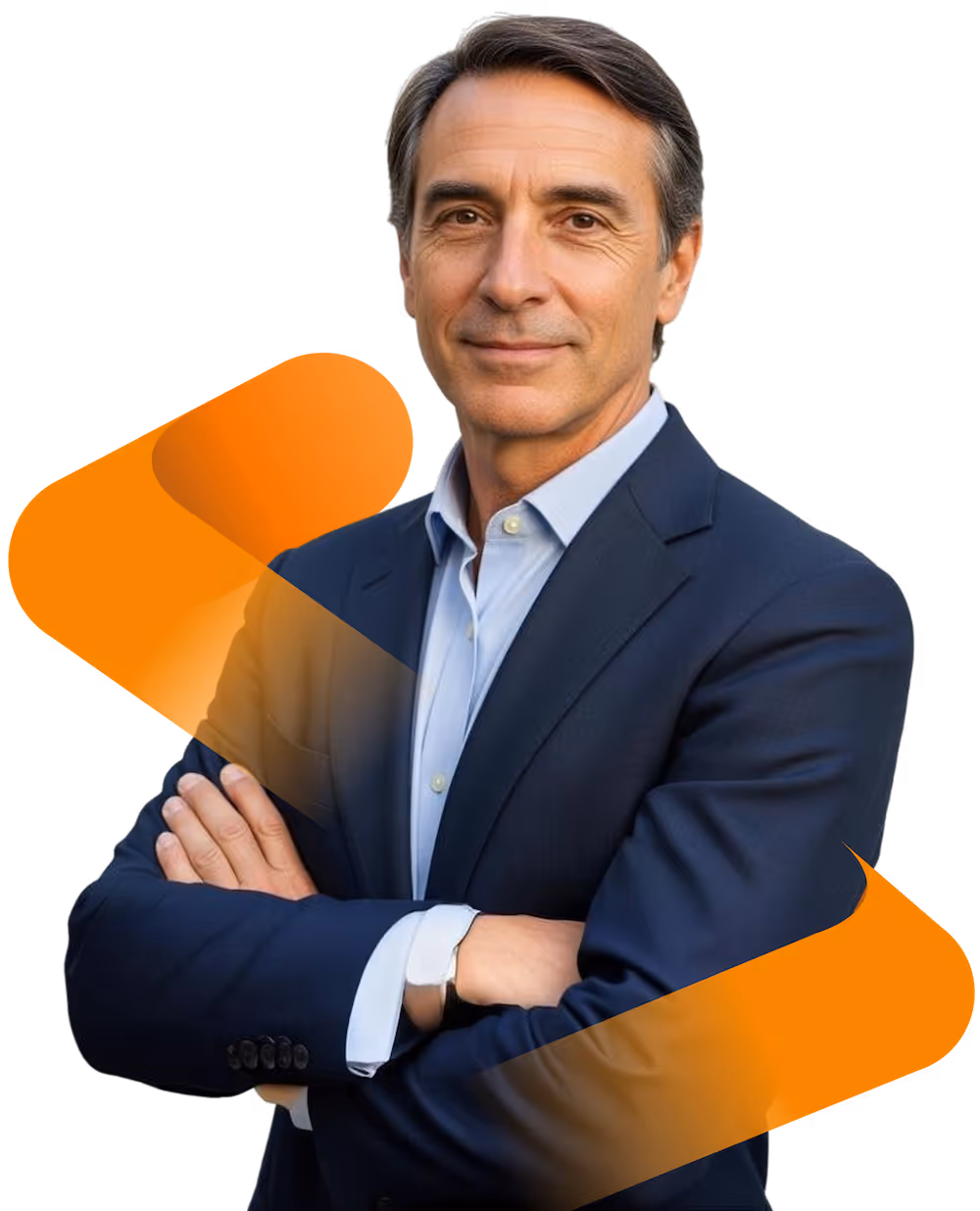 Confident middle-aged man in a blue suit with arms crossed and a slight smile.