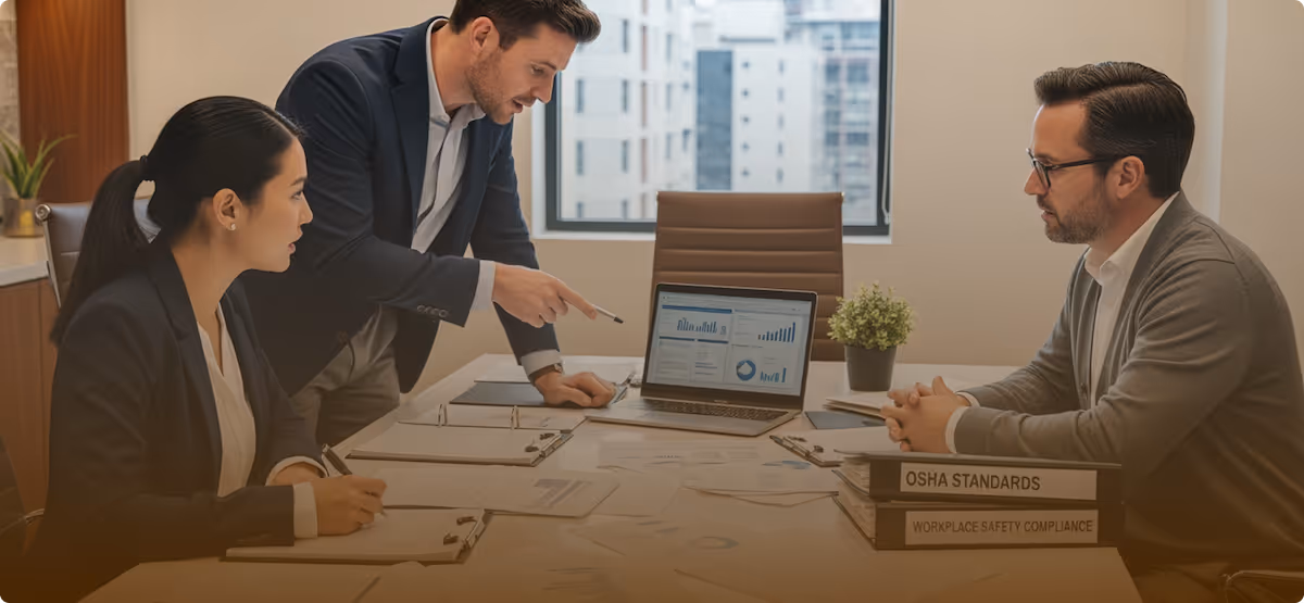Three professionals in a meeting room reviewing charts and data on a laptop and documents, with binders labeled OSHA Standards and Workplace Safety Compliance.