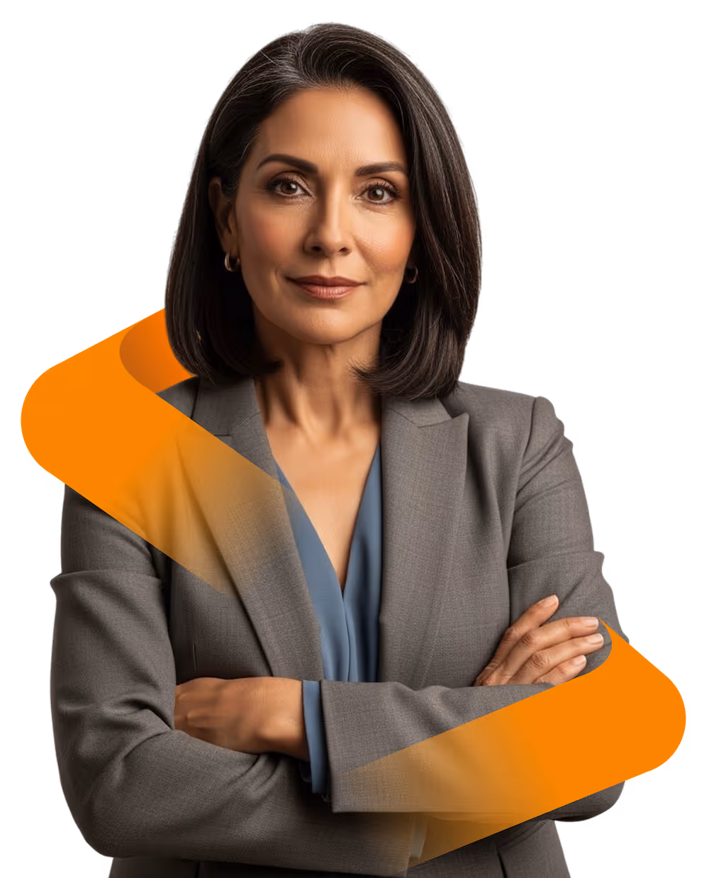 Confident middle-aged woman with dark hair wearing a gray blazer and blue blouse, arms crossed.