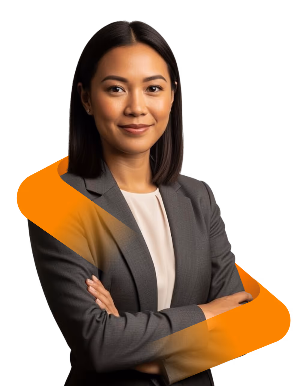 Confident professional woman with crossed arms wearing a grey blazer and white blouse.