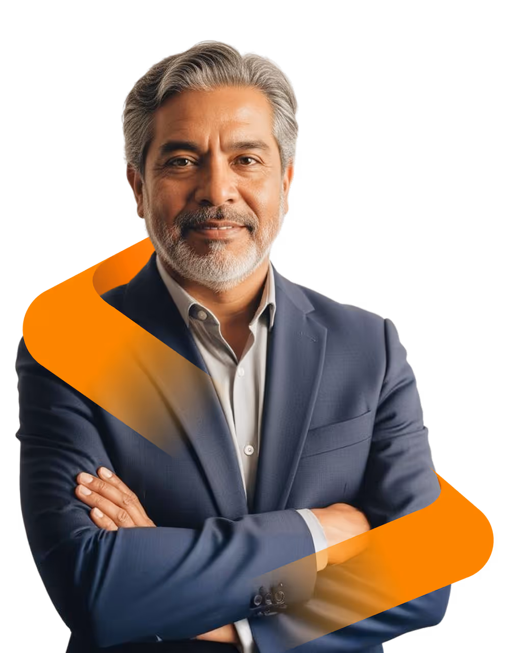 Confident middle-aged man with gray hair and beard wearing a navy suit and light shirt, arms crossed.