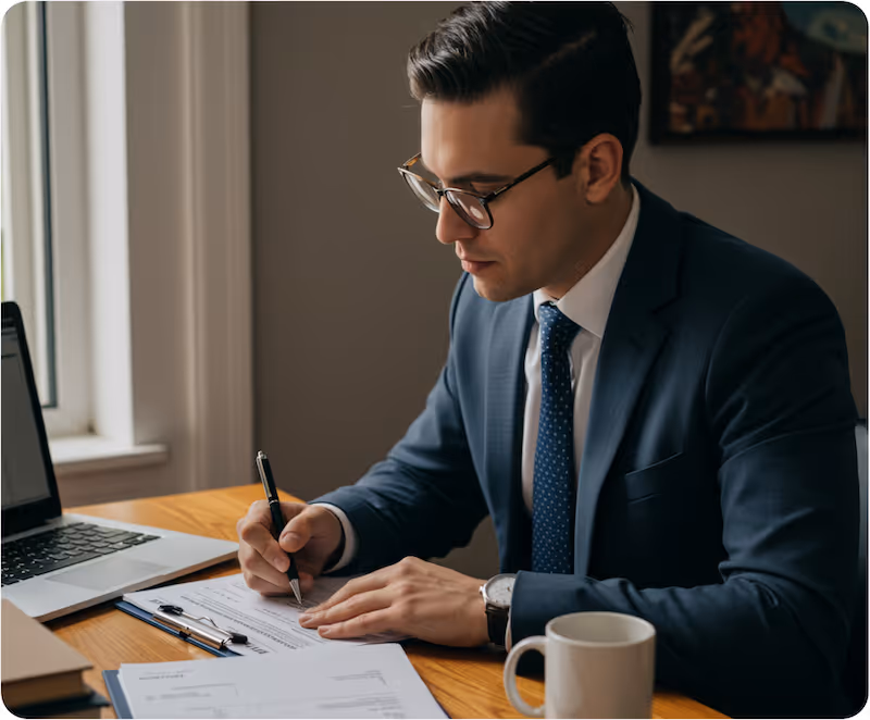 A man in a suit and glasses is sitting at a desk, signing documents with a pen, with a laptop and a coffee mug nearby.