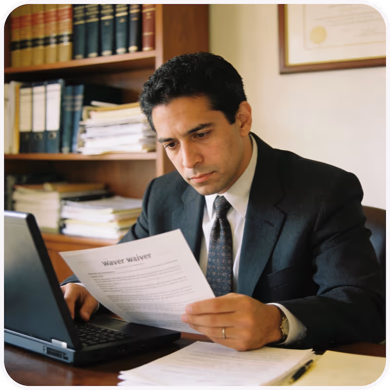 Businessman in a suit reading a document titled 'Waver Waiver' at a desk with a laptop and paperwork.