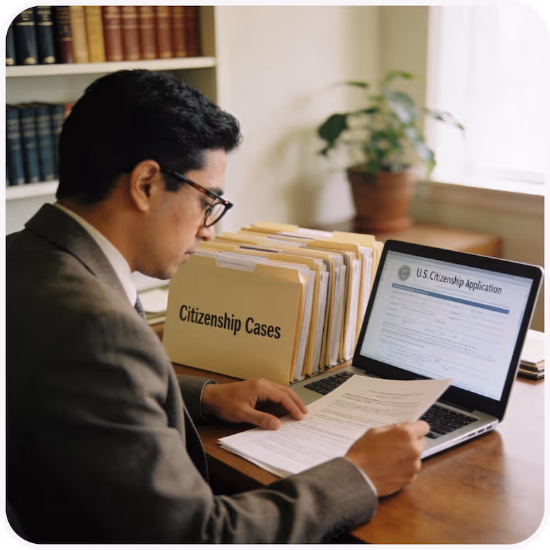 Man in glasses reviewing documents at a desk with a laptop displaying a U.S. Citizenship Application and a file folder labeled Citizenship Cases.