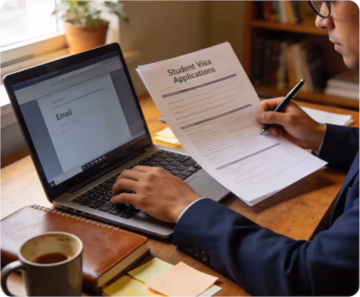 Person filling out a student visa application form while typing an email on a laptop at a wooden desk with a coffee cup, notebook, and sticky notes.