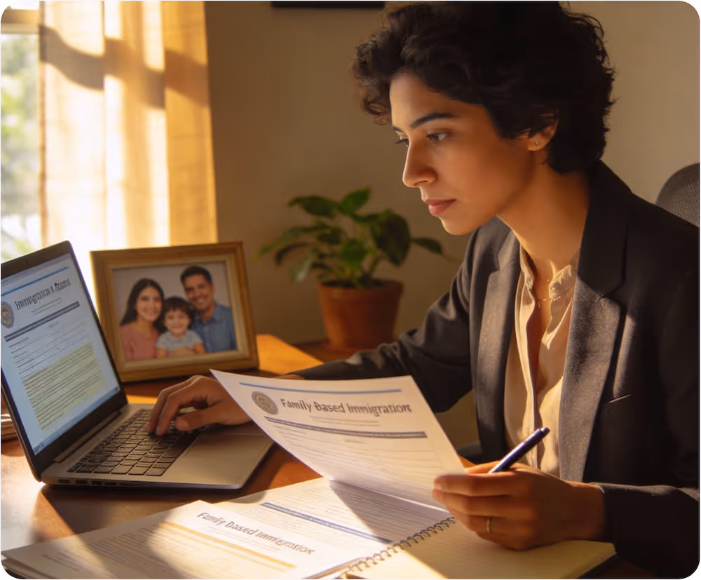 Woman reviewing family-based immigration forms while working on a laptop at a desk with a family photo and plant nearby.